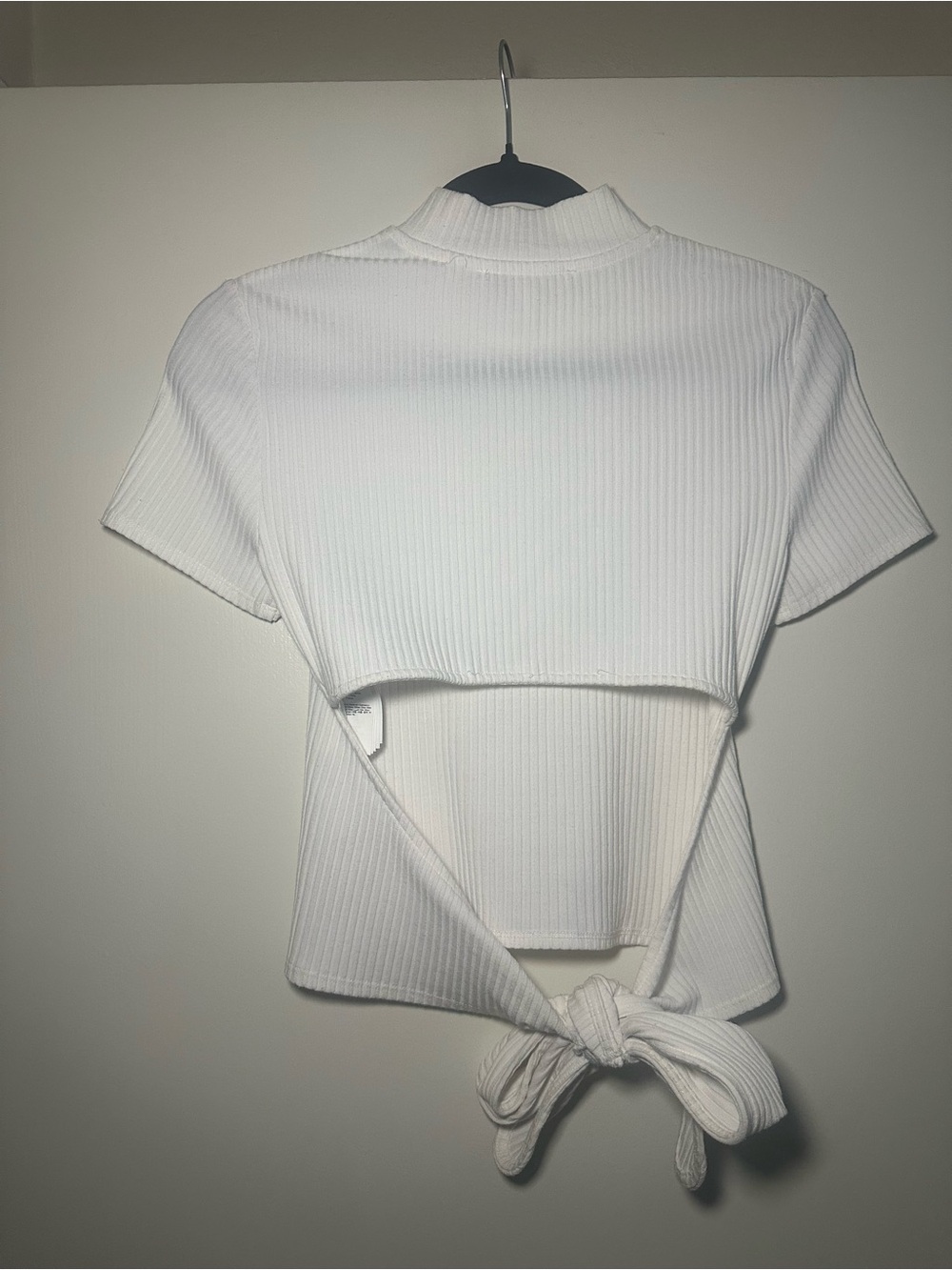 Maje White Ribbed Short Sleeve Top with Tie-Back